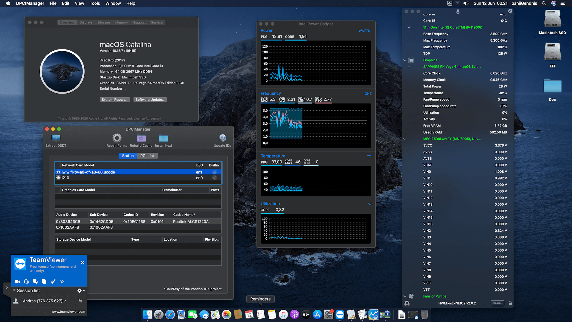 Success Hackintosh macOS Catalina 10.15.7 Build 19H15 in MSI MEG Z590i Unify + Intel Core i9 11900K + Sapphire Vega 64